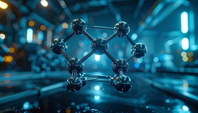 Ultra-detailed 8K scientific visualization of interconnected molecular lattice structure, metallic atoms linked by geometric bonds, futuristic nanotechnology concept, photorealistic macro rendering, a