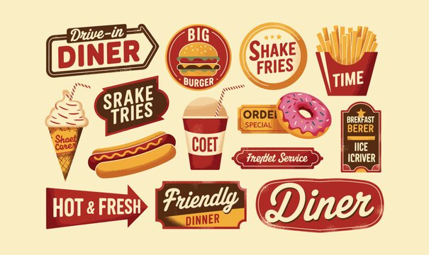 Vintage Diner Food Labels Retro Restaurant Icons Vector for Fast Food Menu Branding and Signage