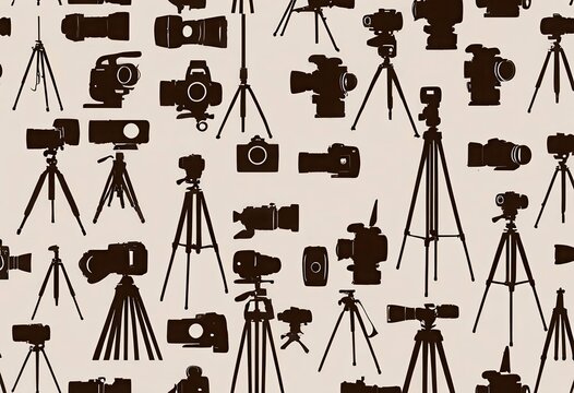 Seamless pattern of various cameras and tripods scattered on a brown background
