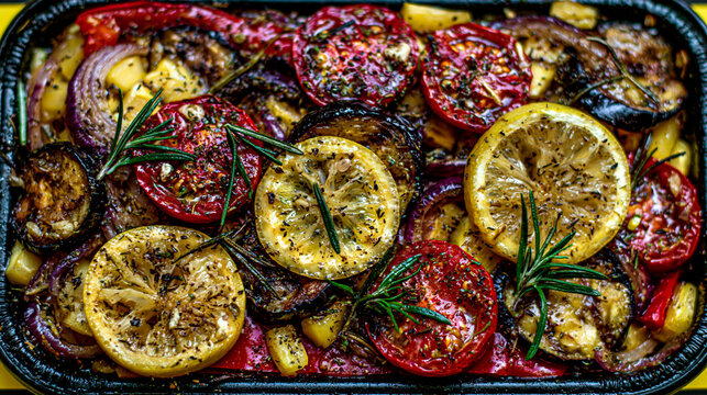 Baked vegetables with sliced tomatoes onions and lemon in cooking pan, vegetables