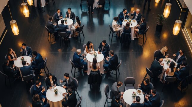 Overhead view of formally dressed people socializing and dining at round tables in a modern, elegant event space with warm lighting.