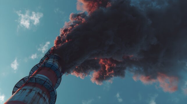 Closeup of industrial smoke stack emitting thick dark emitting into sky