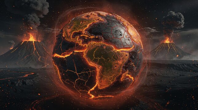 A fiery, cracked Earth with visible lava flows is shown erupting amidst volcanic explosions under a dark, smoky sky.