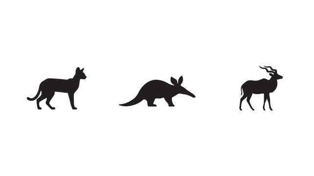 Wild Cat Aardvark Kudu Wildlife Silhouette Icon Set