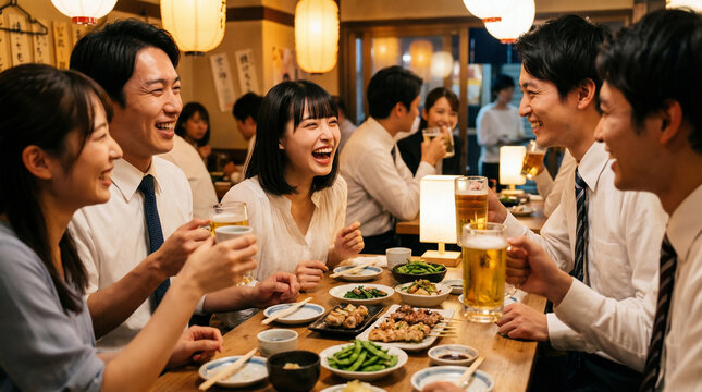 居酒屋でビールジョッキを持ち大笑いして盛り上がるビジネスグループ