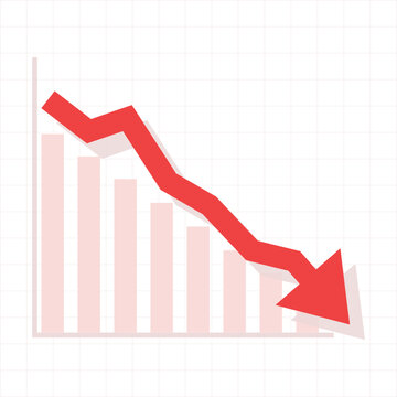 Red arrow graph falling down with bar chart during financial downturn on grid background