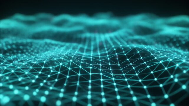 An abstract digital landscape of glowing teal nodes and interconnected lines forms a rolling mesh, evoking data waves and networks; luminous points trace a sci-fi terrain across a darkish plane. Now