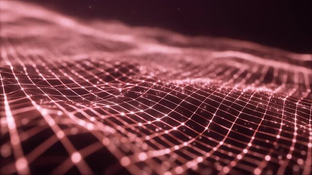 An abstract digital landscape of a glowing pink lattice. A wavy grid of interlinked points ripples across a dark field creating depth, motion and futuristic texture without visible objects or figures