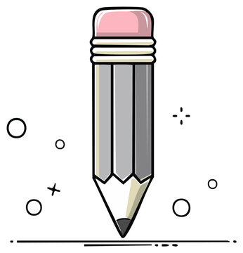 Illustration of a gray pencil with a pink eraser. Line drawing with decorative elements. Single writing utensil illustration.