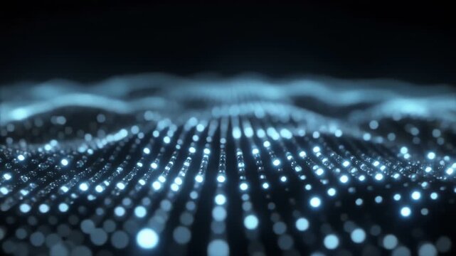 An abstract digital scene of glowing blue dots forming a wavy grid across a dark, vast nightscapes.!