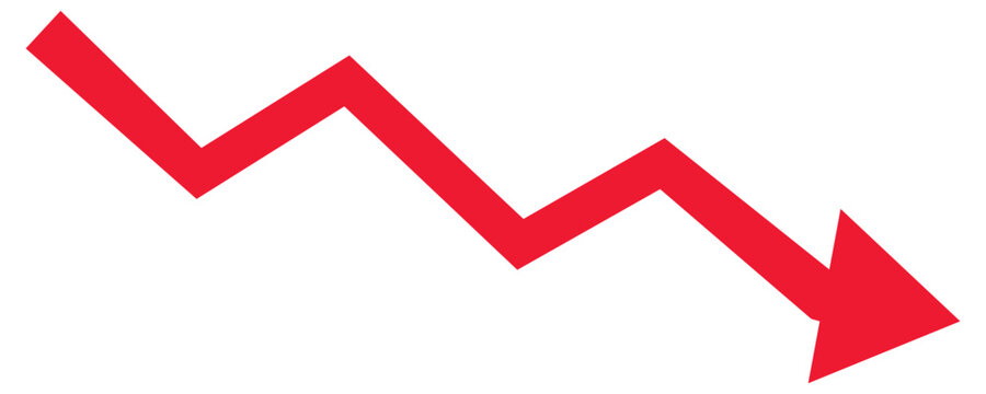 Red downward arrow graph indicating financial decline during a white background presentation