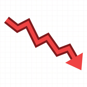 Red downward trending arrow graph on a light grid background representing financial decline and economic recession