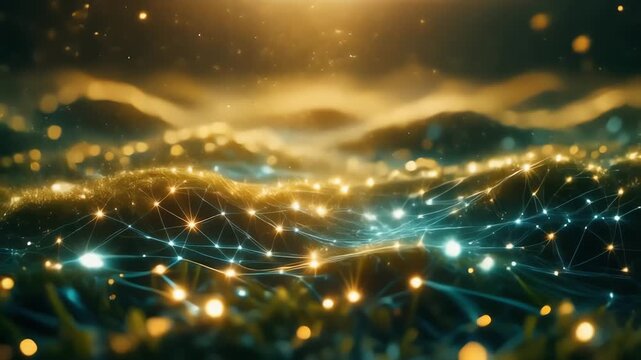 An abstract landscape of gleaming golden filaments and soft bokeh, forming a luminous mesh across a horizon. Vivid threads weave light and shadow, suggesting energy and connectivity, pulse of motion