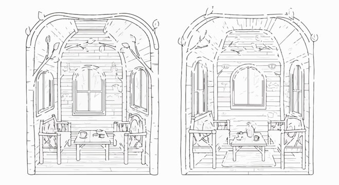 Black and white line art sketches of an enchanted birch bark house interior showing two variations with wooden furniture, coffee tables, arched windows, and decorative tree branch pillars.
