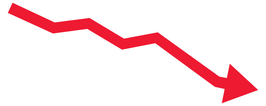 Red downward trending arrow graph on white background illustrating financial decline and market recession