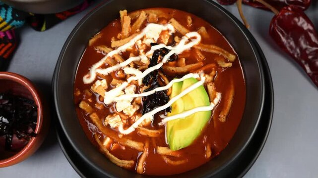 Aztec soup or sopa azteca, a classic Mexican dish with tomato broth, cheese and pasilla chili. Camera rotating slowly