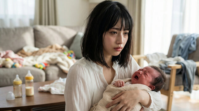 散らかった部屋で泣く赤ちゃんを抱きながら途方に暮れている日本人の母親