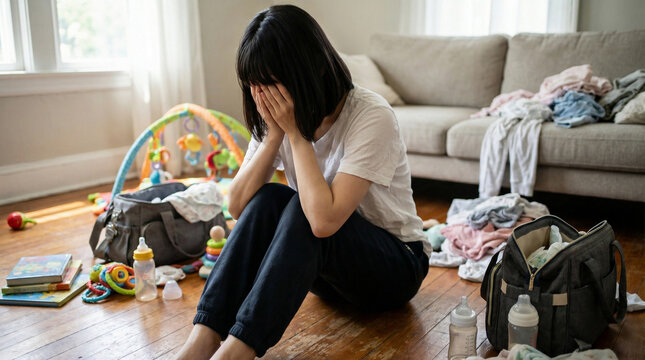 散らかった部屋の床に座り込み顔を覆って泣き崩れている日本人の母親