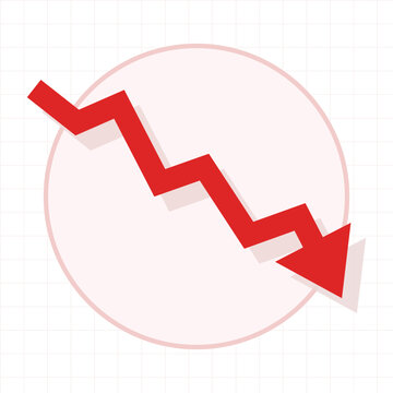 Red downward trending arrow within a circle on a subtle grid background representing financial decline
