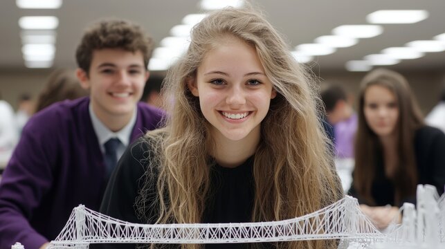 Happy high school students working on a bridge engineering project in class