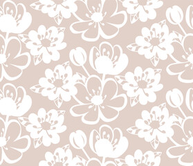 Obraz premium Scandinavian style floral seamless pattern. Minimalist retro flower silhouettes on nude beige background for modern textile, fabric print, mid-century wallpaper. Vector botanical backdrop.