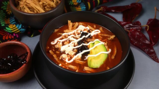 Delicious homemade tortilla soup in dark bowl, Mexican gastronomy and culinary culture