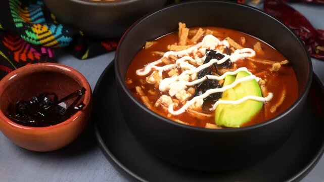 Mexican Aztec soup or sopa de tortilla, Hot tomato and chili broth with fried tortilla strips, cheese and fresh ingredients