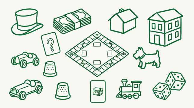 Collection of isometric line art icons representing elements from the classic board game Monopoly.