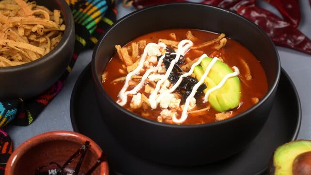 Traditional Mexican tortilla soup in a black ceramic bowl with avocado, cheese and pasilla chili