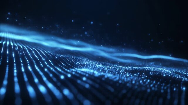 An electric blue abstract landscape of glowing dots and curved lines forms a flowing wave across a dark field, where shimmering particles create a futuristic data map and convey motion through space