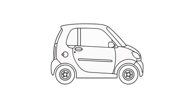 Side view line art illustration of a small two-door compact city car or microcar on a white background, featuring minimalist black outlines suitable for coloring or technical icons.