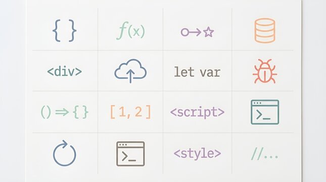 Coding symbols and icons on a white background