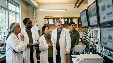 Naklejka premium People in lab coats examining screens in a laboratory setting closely together