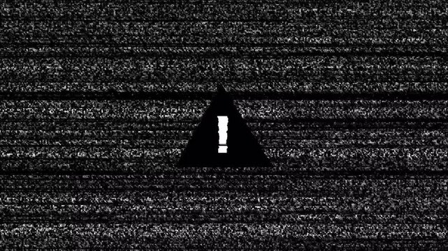 Tv no signal with icon "WARNING", Noise overlay texture pattern. Full screen TV static noise background. 4k video