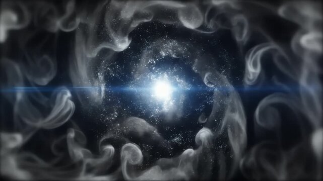 An ethereal cosmic vortex spirals inward toward a bright core, surrounded by swirling wisps of mist and stars. The scene conveys motion, depth, and a sense of infinite, luminous mystery Beyond glow