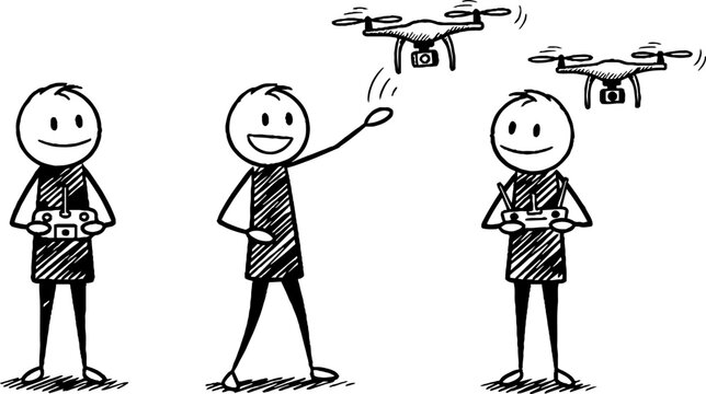 Cartoon figures controlling flying drones with remote controllers.