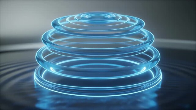 An ethereal, glowing blue spiral rises above water, formed by concentric glass-like rings. Its luminous coils create a mirrored reflection, a geometric abstract sculpture bathed in soft, moody light