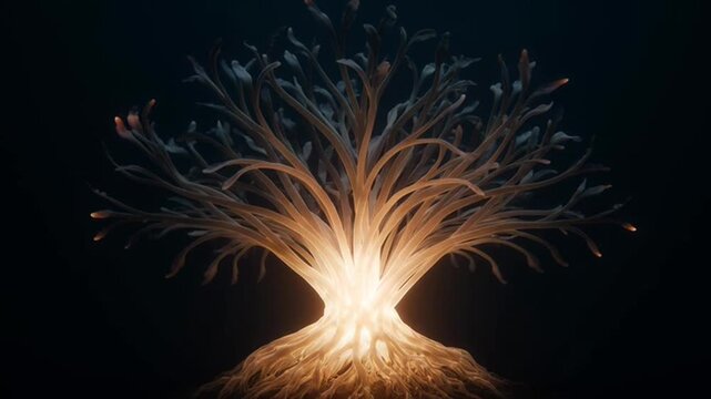 Glowing tree of life with pulsing light energy branches on dark background.