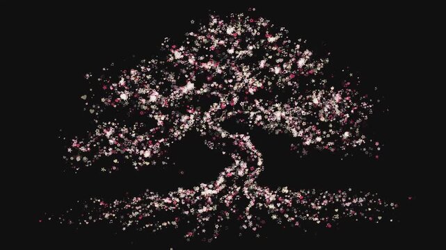 abstract bonsai tree silhouette forming from gold pink flower heart and music particles on black background for nature wellness growth and life motion graphics