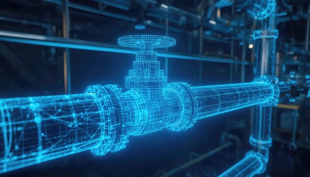 A blue wireframe 3d rendering of an industrial pipe with valve in a dark background with other pipes and machinery