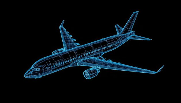 Wireframe model of a blue airplane on a black background with technical details and futuristic design elements visible