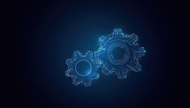 Glowing blue wireframe gears on dark background for technology concepts and engineering designs