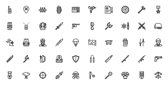War icon set. Military vector icons pack. Minimal line icons. Includes symbols for walkie talkie, bullets, grenade, machine gun, helmet, soldier, shield and more. Editable vector stroke.