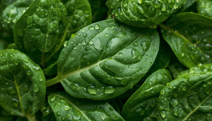 Obraz premium Fresh Organic Green Spinach Leaves With Sparkling Water Droplets Macro Close Up View for Healthy Nutritional Diet and Culinary Cooking Concepts