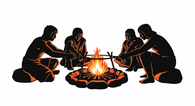 Silhouette vector illustration of four prehistoric tribe members sitting around a stone campfire, cooking food on sticks over orange flames, isolated on a white background.