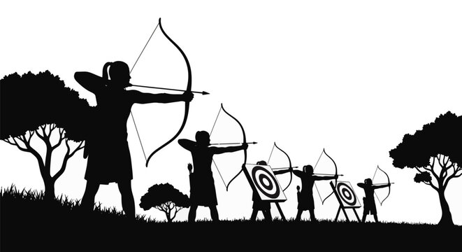Black silhouette of ancient archers aiming longbows at bullseye targets in a landscape with trees and grass. Traditional archery practice scene with warriors in a minimalist vector style.
