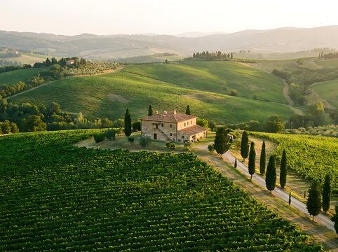 Tuscan villa in vineyards. Aerial view of Italian farmhouse estate. Luxury travel and wine tourism.