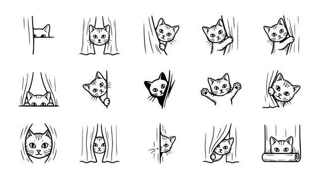 Cute Cat Peeking From Behind Curtains - Collection of Playful Kitten Illustrations