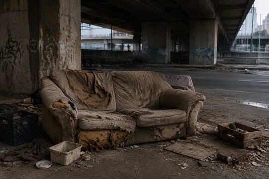 Worn-out fabric sofa abandoned under a city bridge overpass.