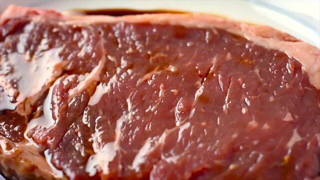 raw steak as dark marinade is poured over the surface in a macro close-up, glossy liquid spreading outward in thick waves and coating the meat, emphasizing rich texture, juiciness